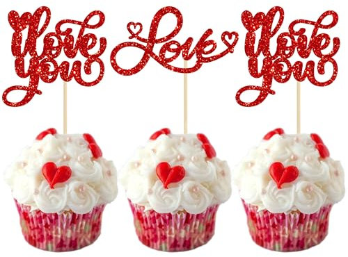 Gyufise 24 Pack Valentine's Day Love Cupcake Toppers Red Glitter I Love You Cupcake Picks Valentine's Day Theme Wedding Engagement Bridal Shower Birthday Party Cake Decorations Supplies