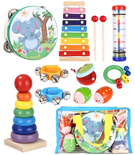 JOFLVA Musikinstrumente Für Kinder, Musikinstrumente Musical Instruments Set,Musik Kinderspielzeug Mit Xylophon,Holzspielzeug Percussion Set,Schlagwerk Rhythmus Spielzeug,Instrumente Kinder Ab 3 Jahre