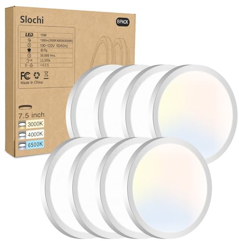 8PACK LED Flush Mount Ceiling Light Fixture, 3000K-4000K-6500K & 100W Equivalent Modern Kitchen Recessed Ceiling Lamp 15W 1500Lm 7.5 Inch Closet Round Surface for Bathroom Laundry Bedroom Hallway