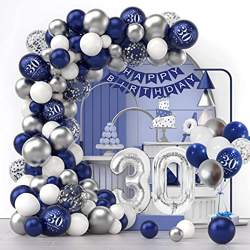 30 Geburtstag Deko Luftballons, 30. Geburtstag Mann, 30 Jahr Geburtstagdeko,Happy Birthday Girlande Ballons Blau Silber Deko,Konfetti Luftballons, Birthday Party Decorations