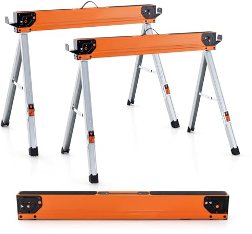 GOPLUS Juego de 2 Caballetes de Sierra Plegables con Capacidad de Carga 500 KG, Superficie y Patas Antideslizante, Ganchos para Madera, Caballete de Metal Portátil para Serrar (106 x 59 x 76 cm)