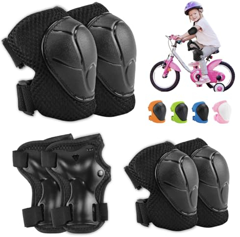Kinder Knieschützer,Protektoren Kinder,Schützer für Kinder Verstellbare ,mit Handgelenkschützern und Ellenbogenschoner,6 in 1 für ,Skateboard,Inlineskates,Hoverboard,Fahrrad(Schwarz)