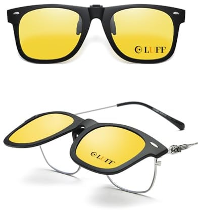 LUFF Clip auf Nachtsichtbrille Fahren für Herren Damen, Anti-Glare Flip Up | UV-Schutz, Leicht, Polarisiert, Gelbe Clip-Brille FüRs Nachtfahren: Senkt Scheinwerferlicht, Mehr Sicht Bei TrüB/Nebel/Regen