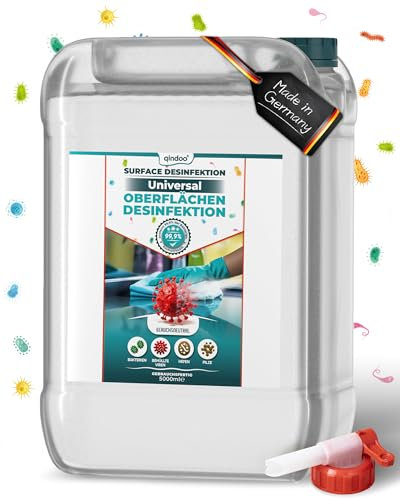 Qindoo Schnelldesinfektion Universal 5L, Flächen-Desinfektionsmittel Viren, Bakterien, Pilze, Keime Desinfektion empfindlicher Oberflächen wie Acryl, Gummi, Silikon, mit Hahn