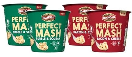 Idahoan Instant Mash Potato Pots Bundle Pack of 4 x 55g - Bubble and Squeek Bacon and Cheese Potato Pots Ready to Eat Mashed Potato