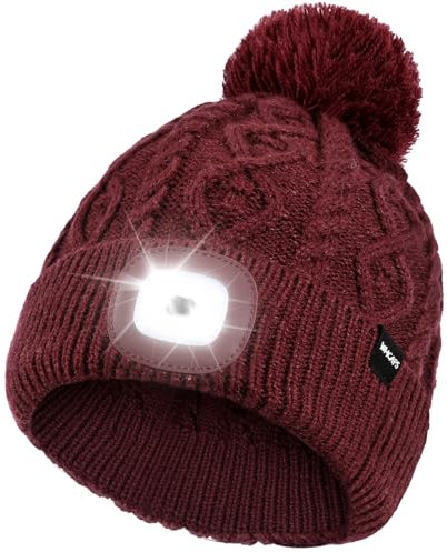 Wmcaps Mütze mit LED Licht Damen, Wiederaufladbare Type-C Strickmütze Bommelmütze mit 4 LED-Lichtern, Pudelmütze Leuchtmütze mit Lampe, Geschenkte Geschenk für Männer und Frauen, Burgunderrot