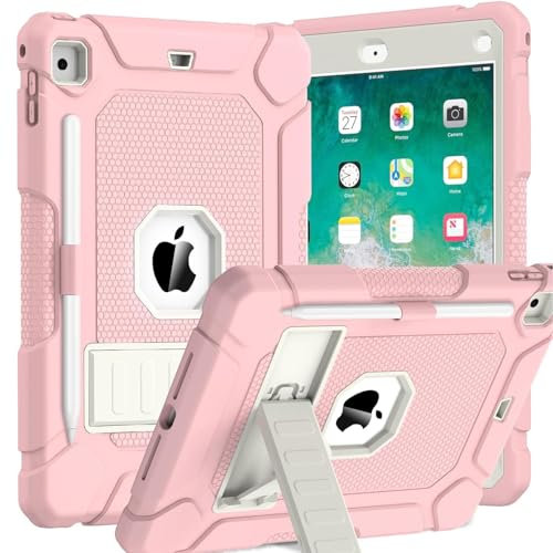 TOPWANT Case for iPad 6th 5th Generation (9.7 inch, 2018/2017), Shockproof Protective iPad 9.7 Case with Built-in Stand/Pencil Holder for iPad 6th/5th Gen, Air 2, Pink