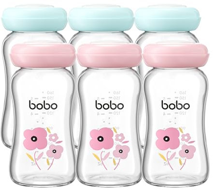 YOHKOH Premium-Glasflaschen für Muttermilch, 6 x 160 ml - zur sicheren Muttermilch Aufbewahrung, spülmaschinen-, gefrier- und mikrowellengeeignet (Mehrfarbig, 160ml (6er Pack))