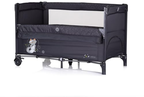 Chipolino Reisebett Relax 2 Ebenen, Vorderseite absenkbar, Seiteneingang, Tasche, Farbe:schwarz/grau
