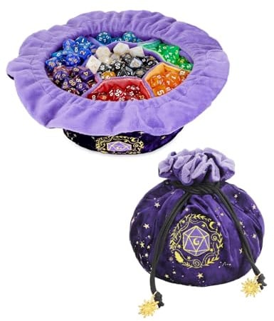 ANZOME Large Dice Bag, Purple Velvet with 7 Color-Coded Pockets, RPG | Self-standing pouch holds 200+ polyhedral sets, sorted rainbow compartments, tabletop game storage, heavy & metal pieces