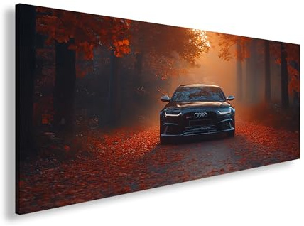 Leinwandbild Ein schwarzer Audi gleitet durch flammenden Herbstnebel. Panorama 100x50cm XXL Wandbild auf Keilrahmen/Kunstdruck/Bild Wohnzimmer Dekoration