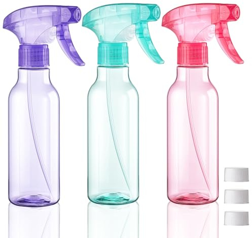 Decorniqu Plastic Spray Bottles 260ml 3 Pack Refillable Empty Water Spray Bottle Fine Mist/Stream Heavy Duty Spraying Bottle for Hair Cleaning Solutions Cooking Plant Essential Oils(Pink Green Purple)