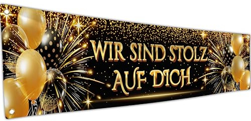 Wir Sind Stolz Auf Dich Banner 180 x 40 cm – Herzlichen Glückwunsch Girlande – Prüfung Bestanden Deko – Du Hast Es Geschafft Für Abi, Abitur 2026 (Schwarz & Gold)
