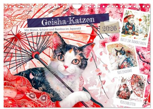 Geisha-Katzen - Mit Blüten, Schirm und Bambus im Japanstil (Wandkalender 2026 DIN A4 quer), CALVENDO Monatskalender: KI-Aquarellbilder von Katzen im ... Schirm und Blütenzauber (CALVENDO Tiere)