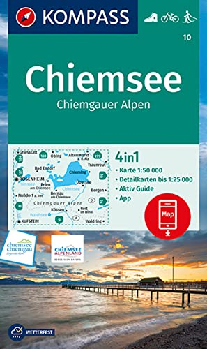 KOMPASS Wanderkarte 10 Chiemsee, Chiemgauer Alpen 1:50.000: 4in1 Wanderkarte, mit Aktiv Guide und Detailkarten inklusive Karte zur offline Verwendung in der KOMPASS-App. Fahrradfahren. Langlaufen.