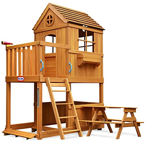 little tikes Real Wood Adventures 2-Story House - Wooden Playhouse Playset with a Picnic Table, Ladder, & More - For Outdoor Use - Encourages Active Play- For Girls & Boys Ages 3+