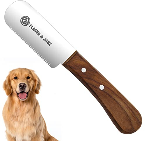 FLAMIA & JABZ Professional Dog Grooming Hand Stripping Knife, Stripper Trimmer Tool, Red Meranti Wooded Handle Non Slip Grip with Tripping Stainless Steel Blade (Medium, Right Handed)