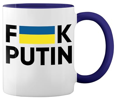 Fuck Putin Fight For Ukraine Weiße Tasse Mug mit blauem Felgen und Griff