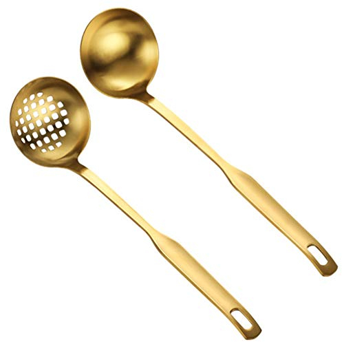 Toranysadecegumy Gold Soup Ladle Colander Set, Long Handle Steel Serving Spoon, for Utensil(2 PCS)