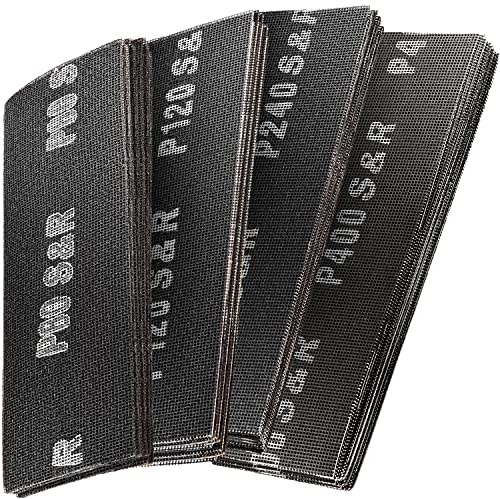 S&R Juego de hojas de lija para lijadora de paneles de yeso, 40 granos (10 x P80, P120, P220, P400 cada uno) 280 x 93 mm, malla de lijado para paneles de yeso, madera, metal, pintura de masilla