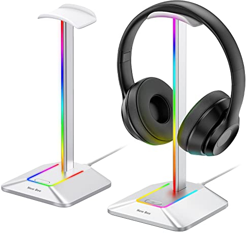 New bee Supporto Casco Gamer RGB Porta Casco Gaming Accessorio LED Riposo Casco con 7 modalità di illuminazione, Base in Gomma antiscivolo per PC Gamer, Casco Gaming, Nero (Argento)