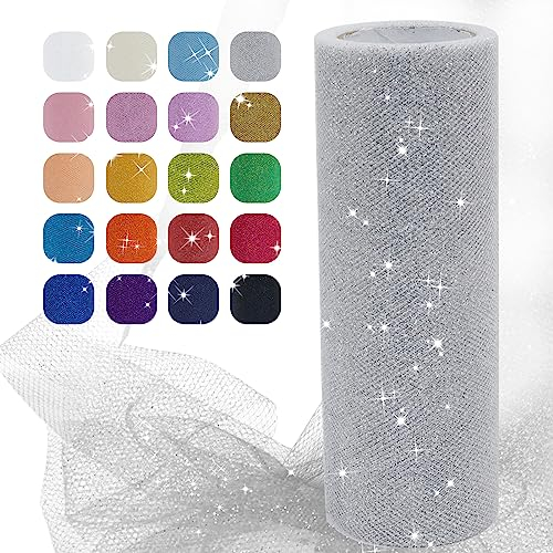 Uiopa Glitzer Tüll Silber, 15cm x 22,8m Glitzerstoff Polyester Tüllband Hochzeit Dekostoff, Tüll Stoff Rolle für Tutu-Röcke Party Hochzeit Tisch Deko Geschenkverpackung DIY-Handwerk