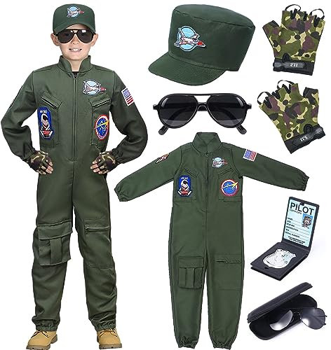 Tacobear Déguisement Pilote Avion de Chasse Enfant Aviateur Combinaison Tenue avec Chapeau Gants Lunettes de Soleil Deguisement Carnaval Halloween Costume Militaire pour Garçon (120, 4-5 Ans)