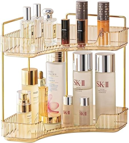 MOACC 2-Tier Corner Bathroom Counter Organizer, Countertop Perfume Tray and Vanity Organizer, Makeup Cosmetic Storage, Corner Storage Organizers for Bathroom, Kitchen, Dresser, Gold