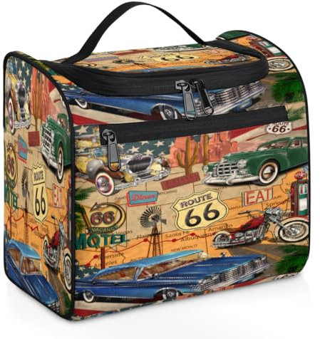 Trousse de maquillage de voyage vintage Repair Route 66 pour femmes, hommes, enfants, filles, garçons, garage vintage de 11,2 L, trousse de toilette à suspendre, trousse de toilette, trousse de
