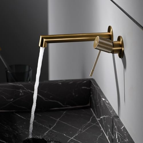 IMEX - Robinet de Lavabo Encastré Or Brossé | Vasque a Encastrer Salle de Bain avec Eau Froide et Chaude | Robinet Mitigeur Mural Économie D'eau | Série Line