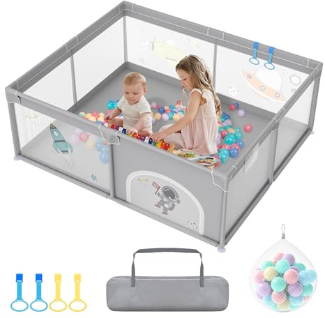FIVMEN Laufstall 180x200cm Mit 50 Spielbällen, Krabbelgitter und 4 Zugringen - Tragbarer Baby Playpen, Grauer Raumfahrer