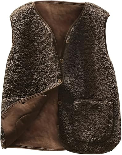 WINKEEY Gilet Donna, Gilet Donna Invernale Senza Maniche, Smanicato Giubbotto,Teddy con Scollo a V Leggero Panciotto con Tasche,caffè S