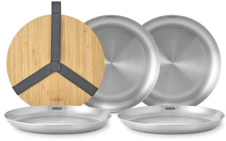 Black+Blum Picnic Plate Set of 4 - Stainless Steel Plates with a Bamboo Chopping Board Lid and Carry Strap