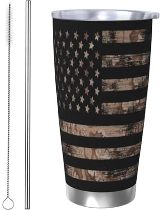 Camouflage American Flag 20oz (550ml) Tumbler with Lid and Straw, USA Flag Insulated Stainless Steel Coffee Mug Double Walled Vacuum Travel Cup Gifts for Women & Men