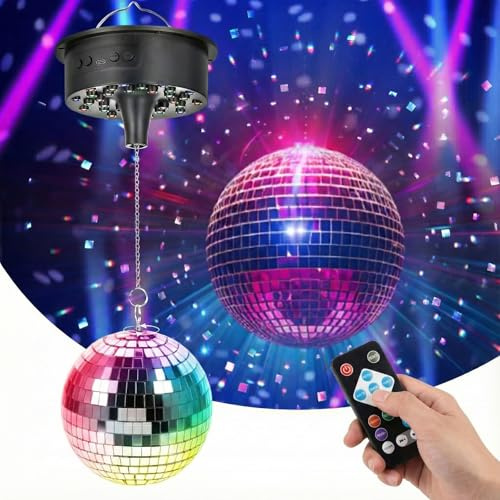 Tomshine Discokugel mit Motor und Licht 18cm - Rotierende Spiegelkugel Set mit 30 RGB LEDs, 6 Geschwindigkeiten, Fernbedienung & Musiksteuerung, Batterie/USB Disco Licht für Party Kinderzimmer