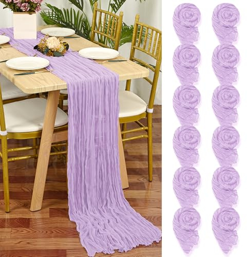 12 Stück Seihtuch Tischläufer Lila,55 x 300 cm Lila Rustikaler Gaze Stoff Boho Tischläufer Käsetuch Cheesecloth Tischläufer Hochzeit Tischdecke für Hochzeitsfeier Brautparty Tischdekoration