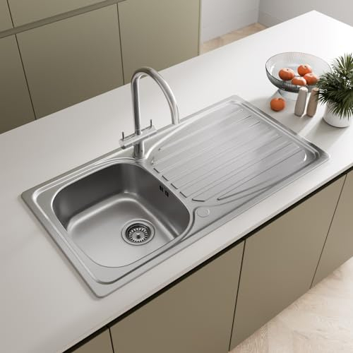 SÄUBER® 950 x 500mm Stainless Steel Kitchen Sink Single One 1.0 Bowl Inset Drop in Installation, Right Hand Drainer, 18/10 Grade Stainless Steel Sinks, Free Basket Strainer Waste