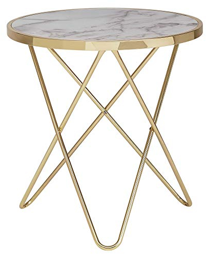 FineBuy Design Beistelltisch Marmor Optik Weiß Rund Ø55 cm Gold Metallgestell, Kleiner Wohnzimmertisch, Couchtisch