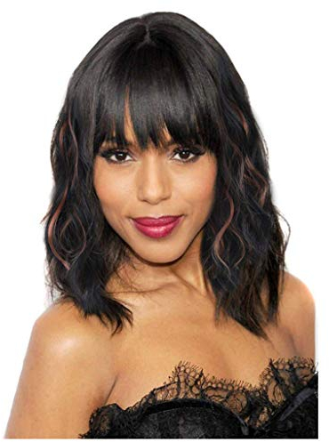 colorful panda Peluca Negro con Reflejos Marrones Corto Ondulada Bob Brasileña Pelucas con Flequillo para Mujer, Color Negro Natural Rizado Pelo Sintéticas Afro para Cosplay Disfraz Black Wig 14