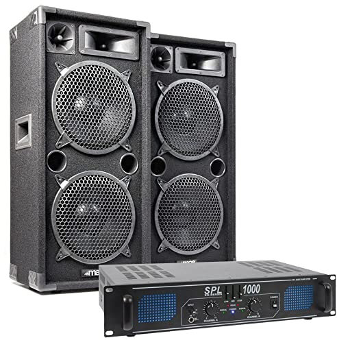 SKYTEC Pack Complet Max210 - Enceinte Passive Puissante 2X 10 1000W avec Amplificateur 2X 500W, Câbles Haut-Parleurs Intégrés, Idéal pour Soirées et Karaokés