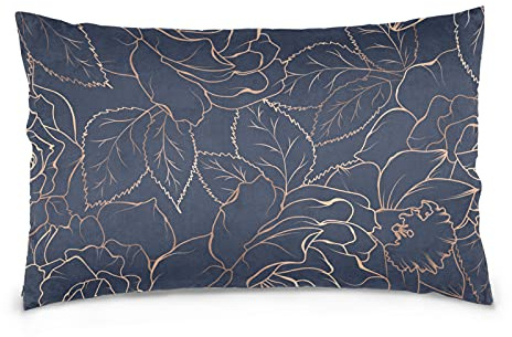 Copper-gold Shiny Outline Rose Peony Flowers Leaves on Dark Navy Blue Cotton Velvet Pillowcase, Throw Pillow Sham Cushion Case Covers, Soft Breathable Bed Pillow Cases for Car Couch Bed 16x24 inches