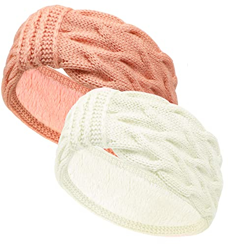 Stirnband Damen Winter, EYCLFY Stirnbänder Damen Winter Gefüttert Fleece Haarbänder, Elastische Headwrap Kopfband Häkelarbeit Frauen Haarreif Strick Headband 2 Stück (Weiß +Rosa)