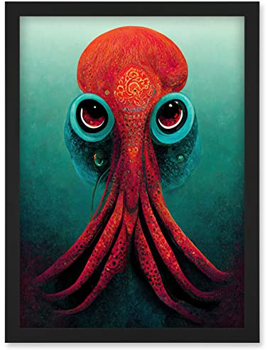 Doppelganger33 LTD Modern Vibrant Red & Teal Octopus Artwork Framed Wall Art Print A4