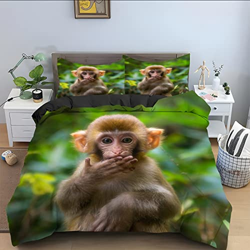 Winter Bettwäsche 135x200 grüner AFFE Bettwäsche-Sets 3D Drucken Luftdurchlässiger Bettbezug + 2 Kissenbezug 80x80 cm mit Reißverschluss Geeignet für Kinder, Baby