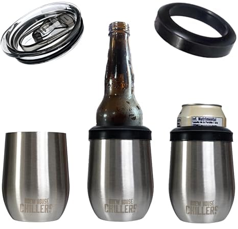 Brew House Chillers Wine Tumbler 4.O - 12 oz insulated stainless steel stemless wine glass, beer can & bottle sleeve with hot & cold drink lid