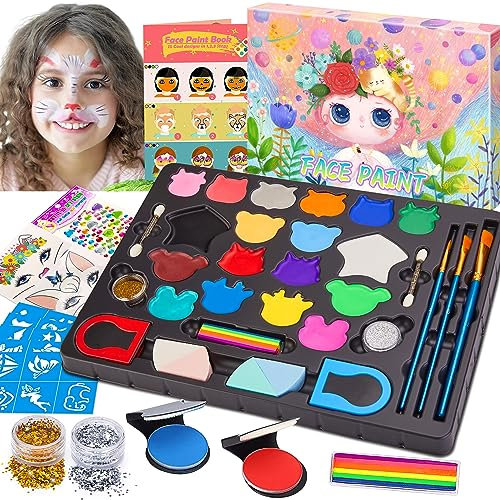 Chennyfun Face Paints Kit for Children, 18 Colors Face Painting Kit Make Up Set for Boys Girls, Washable with Hair Chalk, Glitter, Stencil, Tattoo for Kids for Carnival Halloween Party