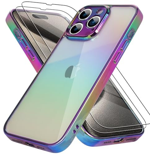 Bonoma Compatible with iPhone 15 Pro Max Case Bling Laser Florescent Iridescent Crystal Luxury Camera Protector + 2* Screen Protector Shockproof Edge Cover -Purple