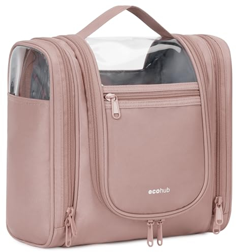 Ecohub Trousse de Toilette Femme, 9L Grande Trousse de Toilette à Suspendre, Sac de Toilette Voyage, Trousse Maquillage avec Ségrégation Sèche et Humide, Brevet en Cours(Rose)