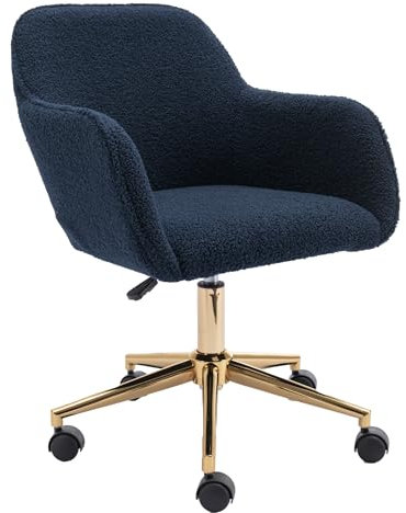 DEKKETO Teddy Swivel Desk Chair, Makeup Vanity Chair with Wheels, Height Adjustable Dressing Table Chairs with Gold Base for Bedroom, Vanity Room, Home Office, Blue