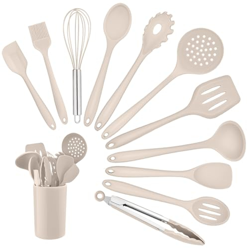 Homikit Küchenhelfer Set, 12 Stück Silikon Küchenutensilien, Hitzebeständiger Khaki Kochutensilien Kochbesteck mit Utensilienhalter, Gesund & Antihaft